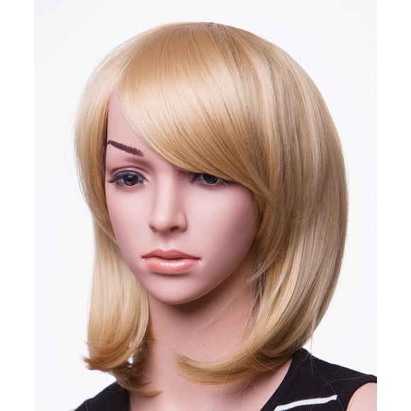 SWACC 11 peluca sintética corta y recta para mujer, color caramelo, peluca de cosplay, disfraz de anime, postizo para fiesta con gorro de peluca (rubio beige-08)