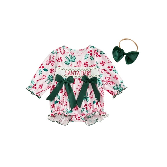 Rdhnmea Newborn Baby Girl Christmas Outfit Gingerbread Smocked Bubble Romper Candy Cane Plaid Jumpsuits with Bow Headband My First Xmas Clothes