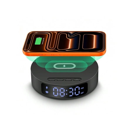 2-in-1 Wireless Charger with Time Display Alarm Clock, Qi Charging Dock Station Compatible with iPhone 17-8, AirPods, Samsung S25-S20, Bedside Desk Charger