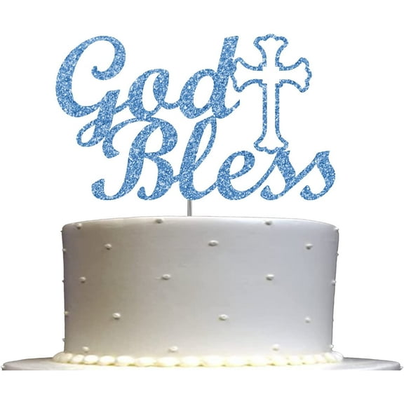 God Bless Cake Topper Glitter, For Baptism, First Holy Communion, Confirmation, Christening, Religious Celebration Decoration, Sturdy Doubled Sided Glitter (Blue)