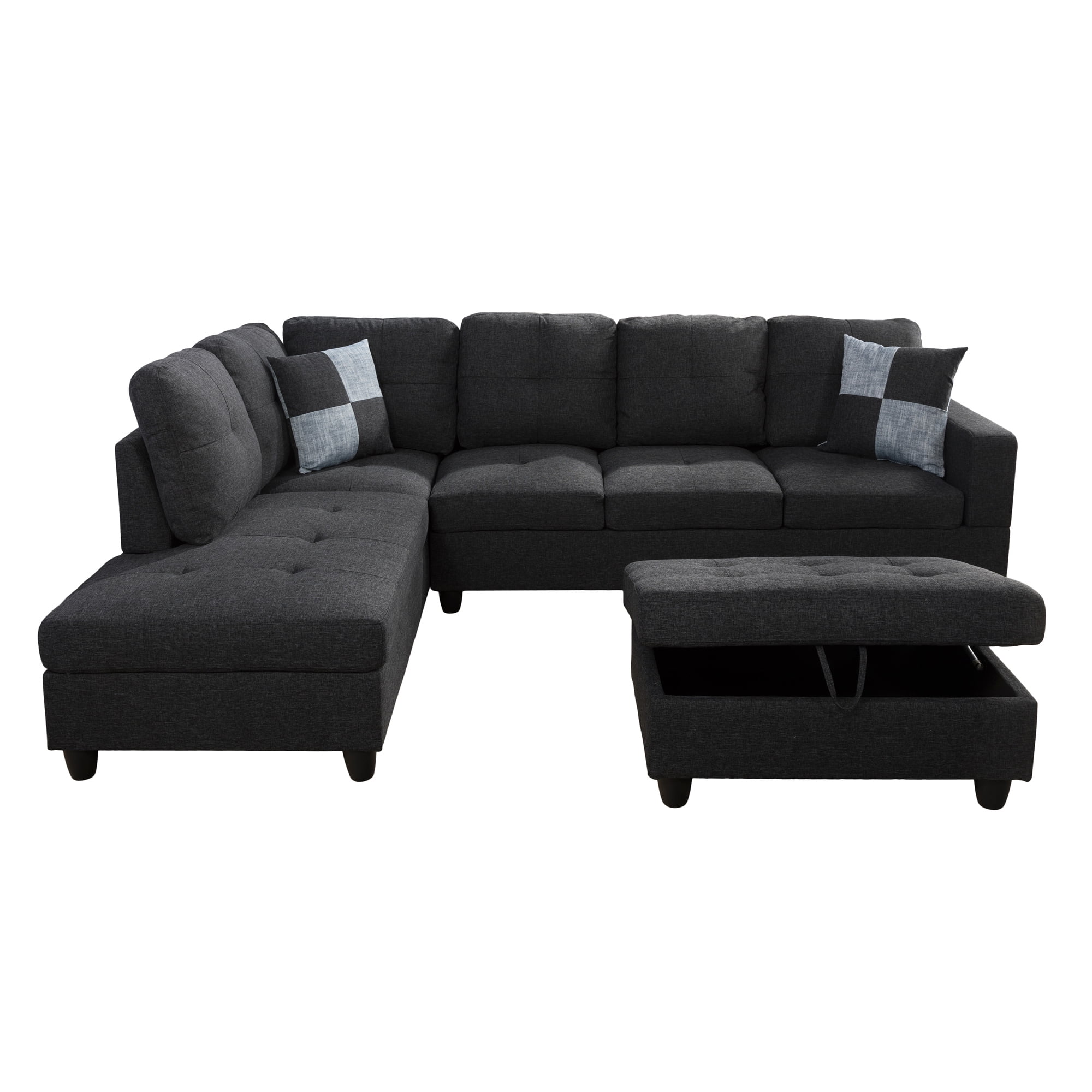 Aukfa 103" Sectional Sofa with Storage Ottoman, L Shape Couch for Living Room, Left Facing Chaise, Linen, Dark Gray