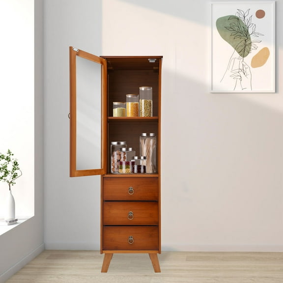 Modern Bamboo Storage Cabinet with 3 Drawers & Acrylic Door Multi-Tier Organizer for Kitchen, Bathroom, Living Room, and Bedroom  Sturdy Raised Leg Design