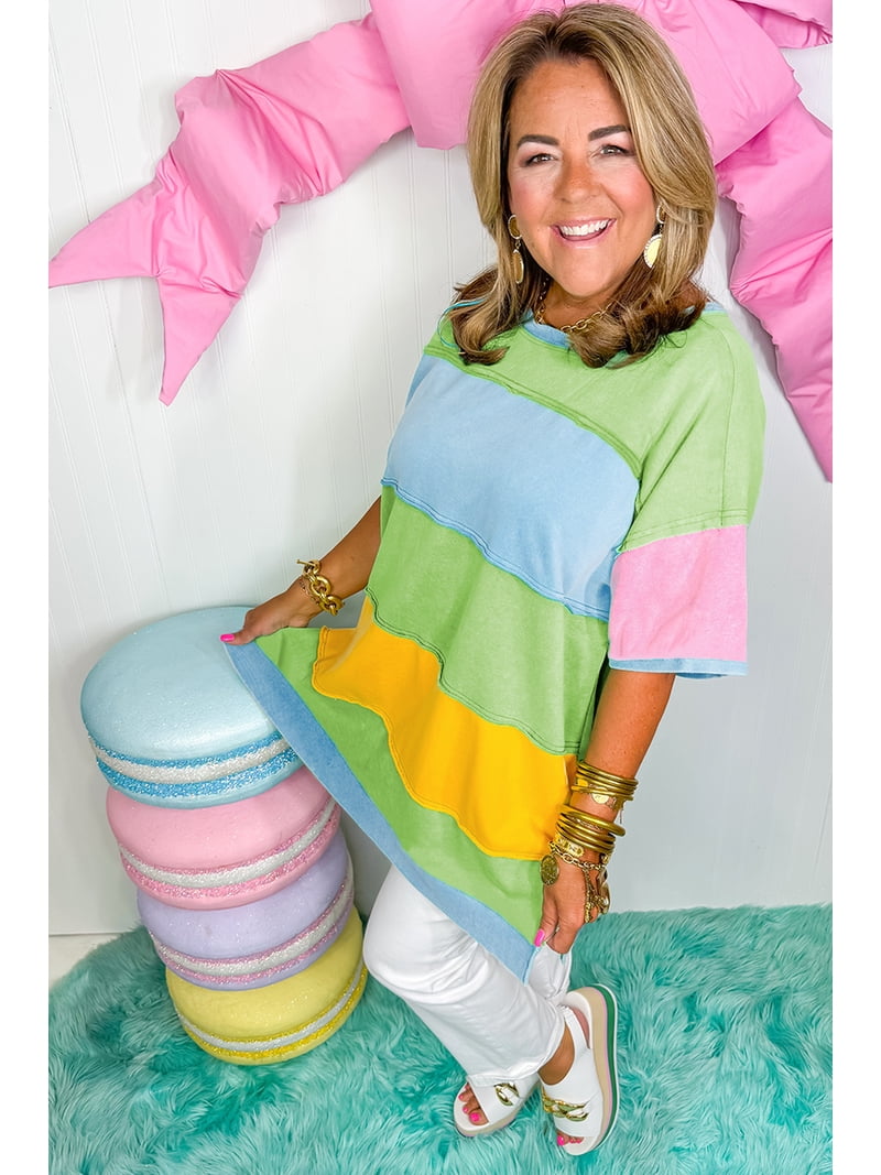Women's Plus Size Light Blue Color Block Exposed Seam Patchwork T