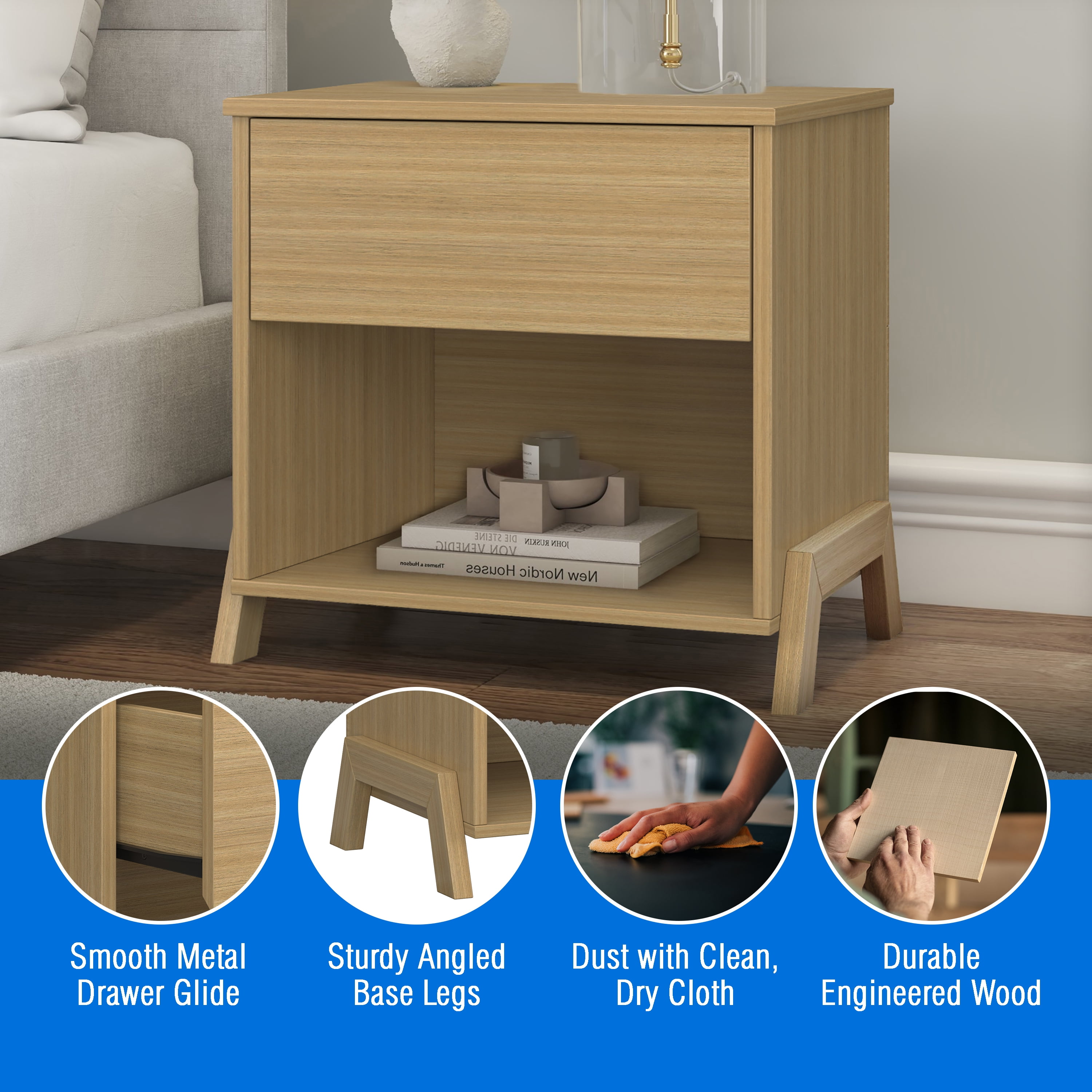 Mainstays Modern 1 Drawer Nightstand, Natural Teak