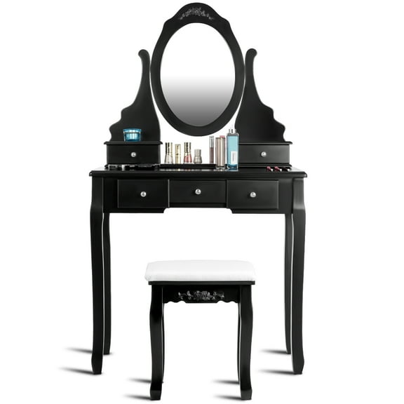 Topbuy Oval Vanity Mirror Dressing Table Beauty Dresser w/ Cushioned Bench Black