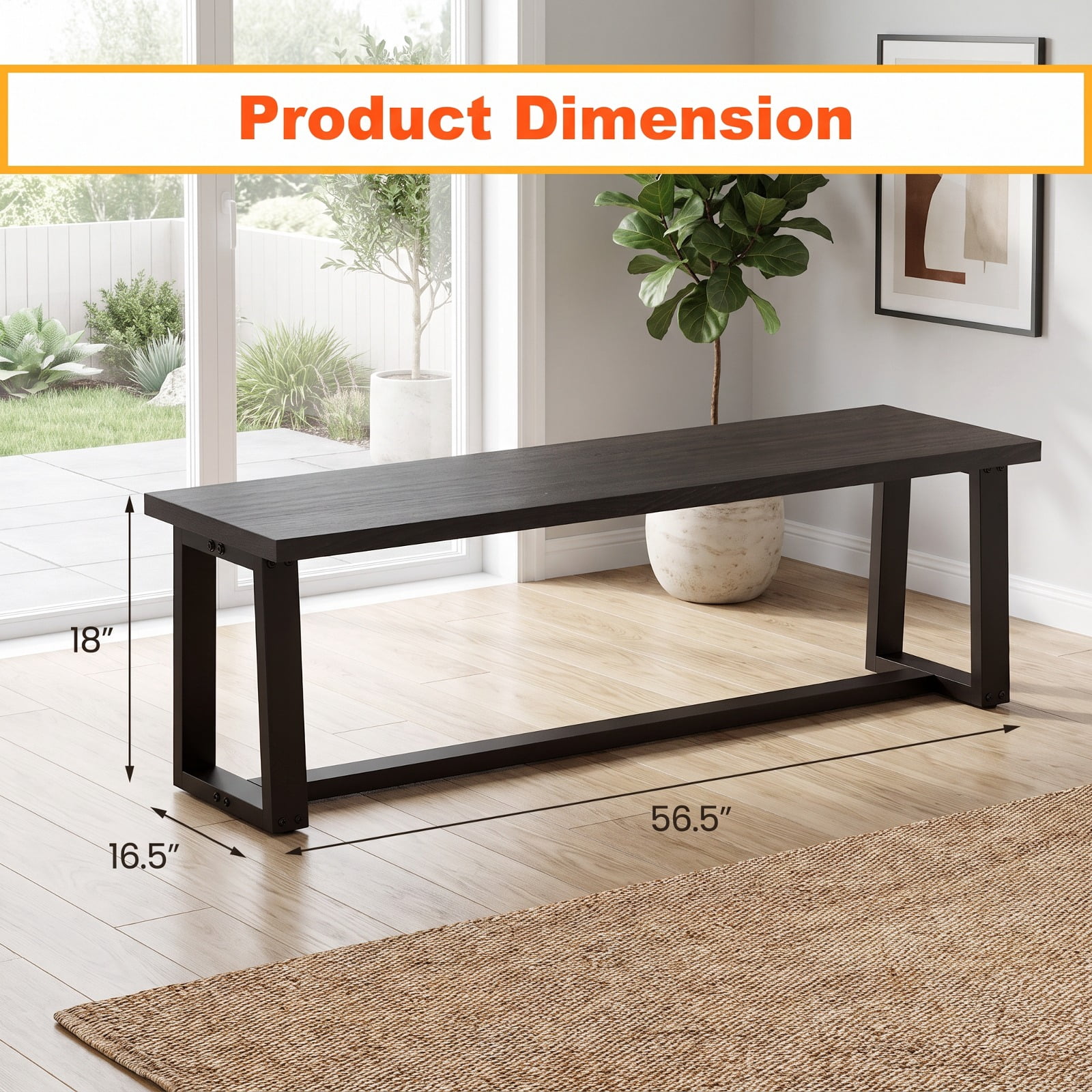 Furnibear 56 Inch Wood Dining Bench with Acacia Wood Seat Metal Frame and Adjustable Footpads for Kitchen Dining Room Entryway Seating, Black
