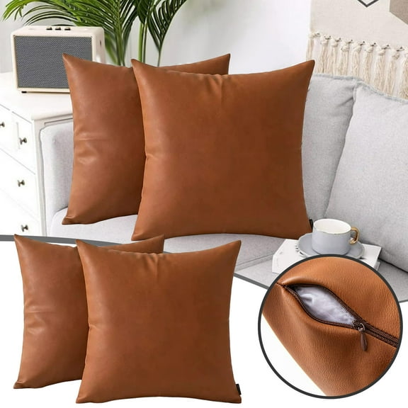 Leather Throw Pillow Covers 18x18 Inch Set of 2 - Brown Square Decorative Pillow Cases - Modern Farmhouse Style Cushion Covers for Sofa Couch Bedroom Living Room Bed Decor