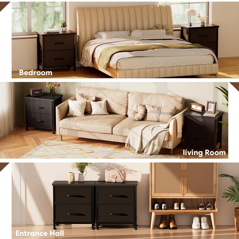 Simple Deluxe Nightstand 2 Drawers Dresser for Bedroom, 3-Tier Bedside Table with Fabric Bins, End Table for Living Room, wood top Load-bearing up to 44 lb, Black