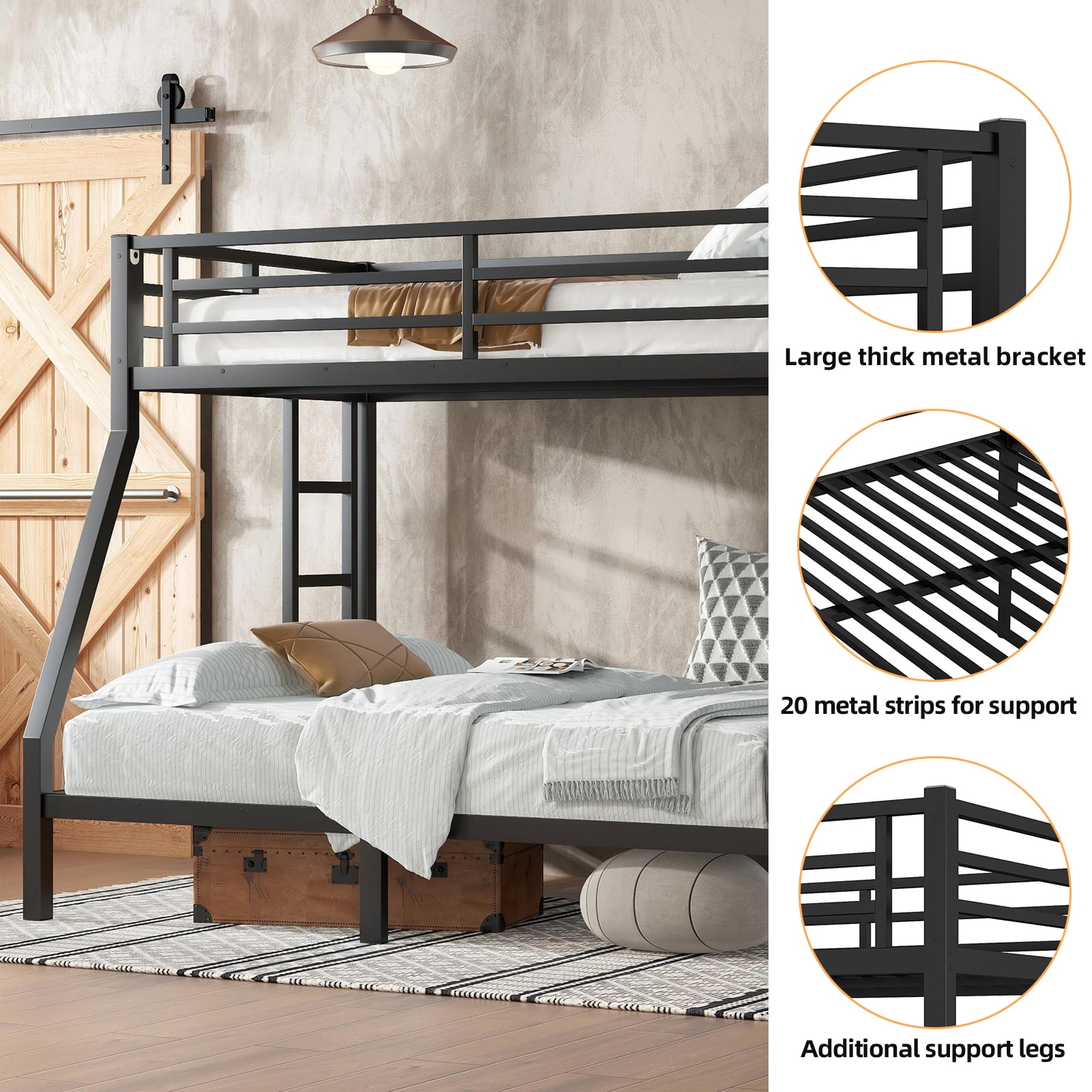 Miniyam Twin over Full Metal Bunk Bed with Guardrail, Dual Ladders, Quiet Slat Support, Under-Bed Storage, Black