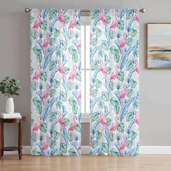 Tropical Plants Sheer Curtains 96 Inch Length 2 Panels Set, Summer Flamingo Coastal Palm Tree Leaves Voile Window Treatment Semi Sheer Long Curtains Drapes for Bedroom/Living Room/Kitchen 52"x96"x2