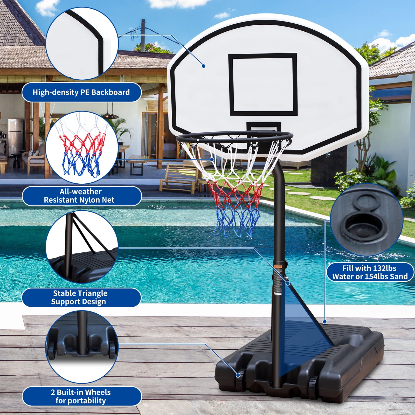 HooKung Portable Pool Side Basketball Hoops Height Adjustable 3ft -4ft Basketball System 35'' Backboard with Wheels for Teenagers Youth