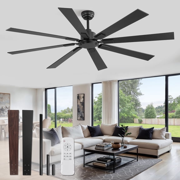 Zardon 72 inch Modern Ceiling Fan No Light with Remote Control, Indoor Outdoor Ceiling Fan without Light for Dining Room, Living Room, Garage, Patio, 6-Speed Ultra-Quiet DC Motor, 8 Blades, Black