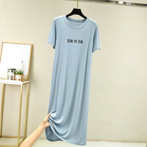 Blmnix Cotton Nightgowns Women's Nightgowns & Sleepshirts Sleepshirts Moomoo Nightgowns Sleep Shirts Crew Neck Blue Short Sleeve Below-the-Knee Sleep Dress for Women,L