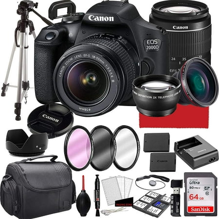 Canon EOS 2000D (Rebel T7) DSLR Camera with 18-55mm f/3.5-5.6 Zoom Lens, 64GB Memory,Case, Tripod and More (28pc Bundle)