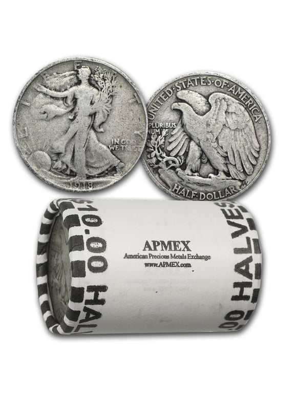 Collectible 1918-S Walking Liberty Halves 20-Coin Roll Avg Circ