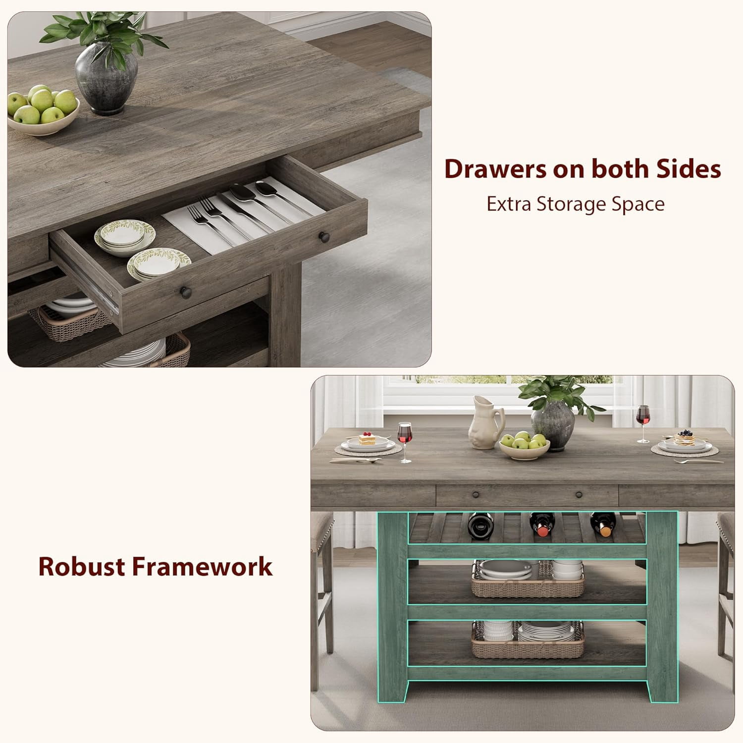 Counter Height Dining Table for 4-6, 36" W Wood Bar Height Dining Room Table with 2 Drawer & Shelves, Deepened Wine Rack, Thick & Large Table Top for Kitchen, Bar