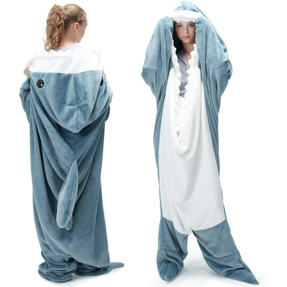 Shark Blanket for Adult Super Soft Cozy Flannel Throw Wearable Blanket, Cartoon Animals Shark Blanket Hoodie, Sleeping Bag Cosplay Shark Costume Blanket Gifts for Shark Lovers (Blue,M)