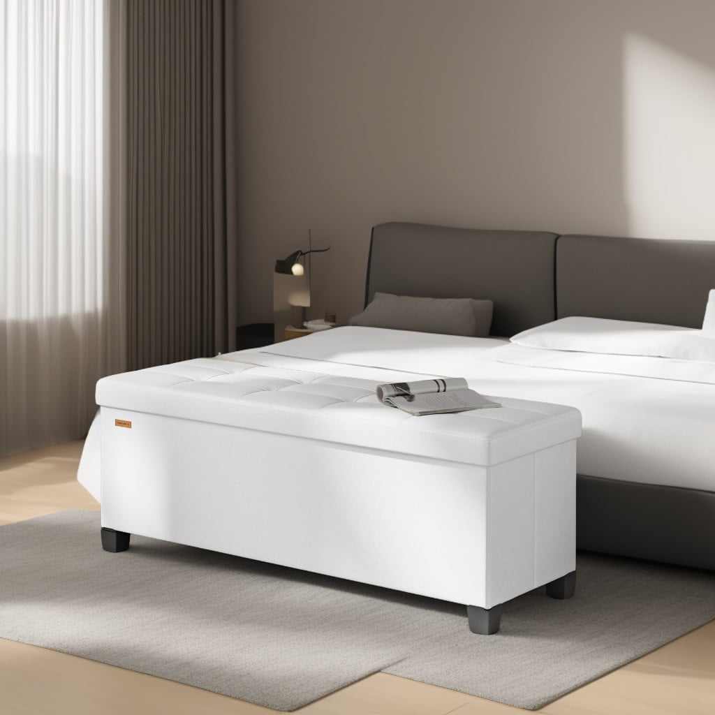 LEDREM 43-Inch Storage Ottoman Bench, 660 lb Capacity Foldable Footrest with 30 Gallon Storage, Synthetic Leather, Cloud White