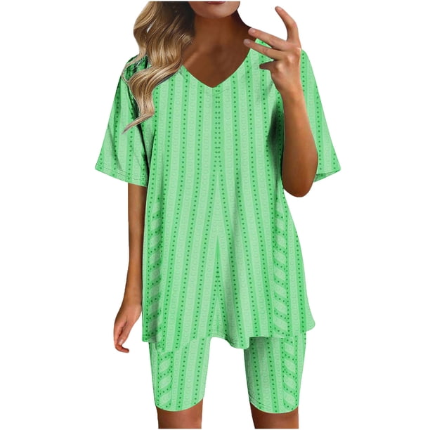 Blusas para las Mujeres Casual Impreso Cuello en V Manga Corta Blusa Pantalones Cortos, Conjuntos de Ropa para las Mujeres