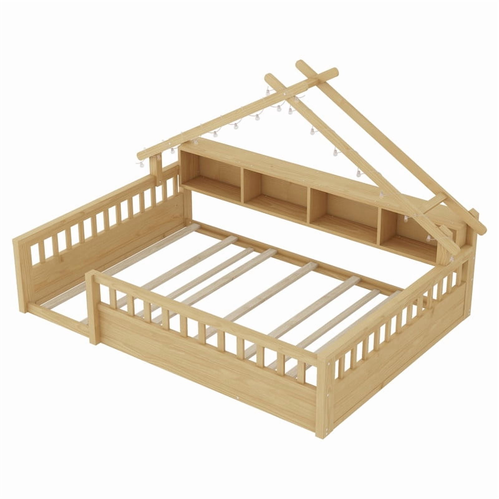Mirightone Full Floor Bed with High Rails, Montessori Bed Full with LED Light and Roof Shape, Wood House Bed Frame with Storage Bookshelves, Natural