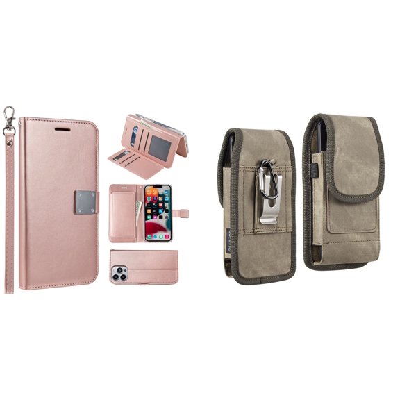 Bemz Pocket Clutch Wallet Case and Belt Holster Pouch for iPhone 14 Pro (Rose Gold/Brown)