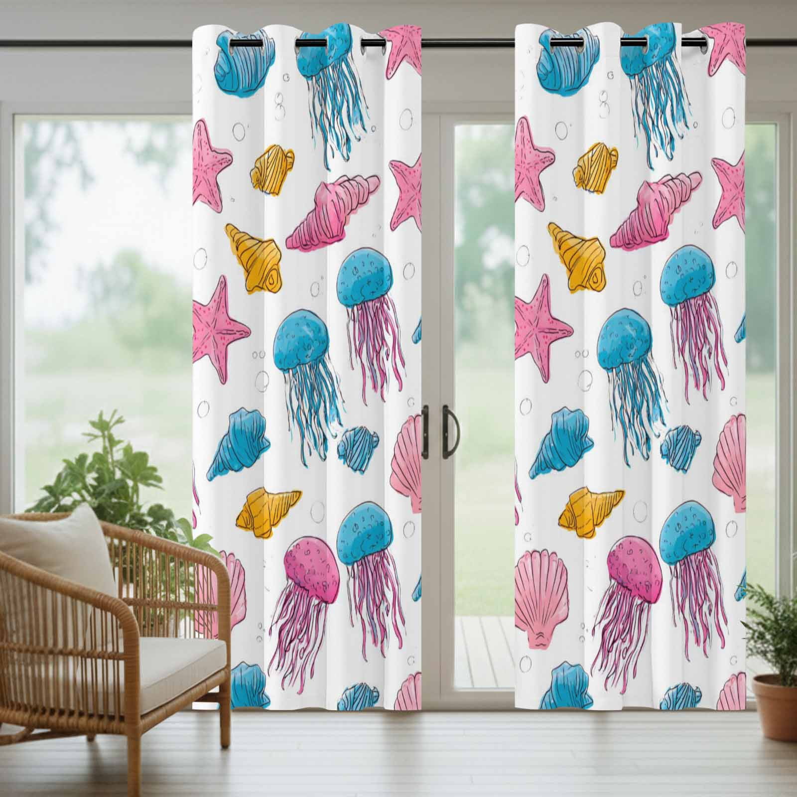 Marine Life Outdoor Curtains for Patio, Nautical Ocean Pink Blue Yellow Jellyfish Starfish Shell Sunshade Privacy Drapes Grommet Waterproof Outside Curtains for Porch Balcony 54"x 108", 1 Panel