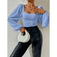 thumbnail image 4 of Women'S Square Neck Long Sleeve Crop Tops Puff Sleeve Ruched Blouse Blue S, 4 of 8