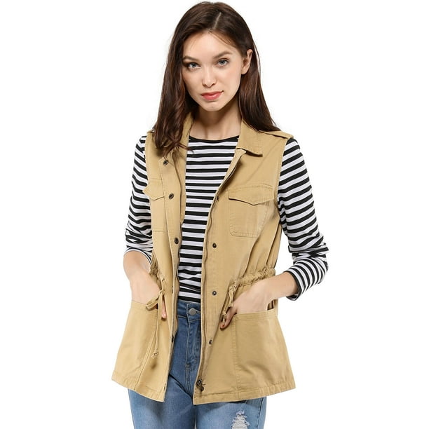 Chaleco Tipo Anorak Estilo Cargo Ligero Con Cordón Para Mujer Caqui XL