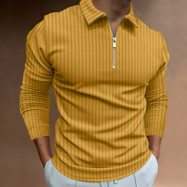 Gold Mens Dress Shirts Male Casual Autumn Striped Fabric T Shirt Zipper Turn Down Collar Long
