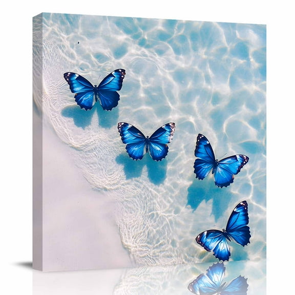 Canvas Print Wall Art Oil Paintings Summer Beach Coastal Blue Butterfly Picture Prints Artwork for Living Room Kitchen Bathroom Bedroom,Stretched and Framed Ready to Hang,Crystal Clear Ocean Water