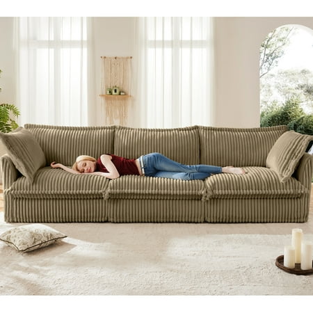 Deep seat camel corduroy couch with multiple pillows, convertible design - Versatile use in home theater or reading corner