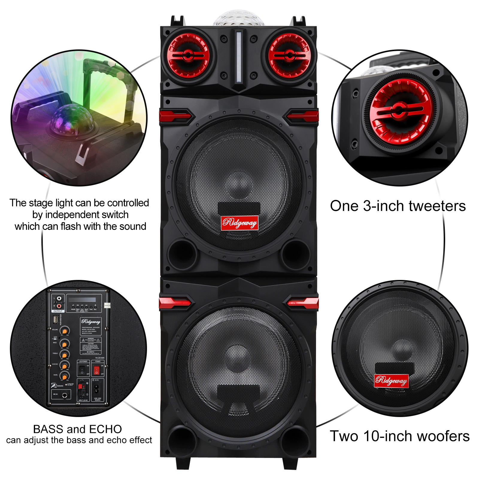 Lohoms Portable Wireless Speaker, Dual 10" Subwoofer & 1" tweeter Trolley Bluetooth Speaker W/ Microphone Heavy Bass Stereo Woofer Party Sound PA System, AUX, FM, Remote, LED Light, 40.5" H