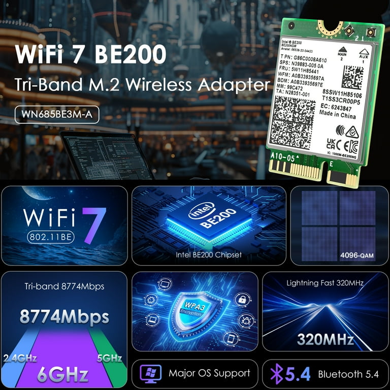 WiFi 7 WiFi Adapter, 8774Mbps Network Card with Bluetooth 5.4/MU