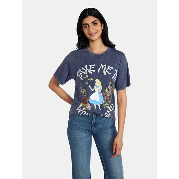 Alice in Wonderland Women's Washed Graphic Tee with Short Sleeves, Sizes XXS-XXL