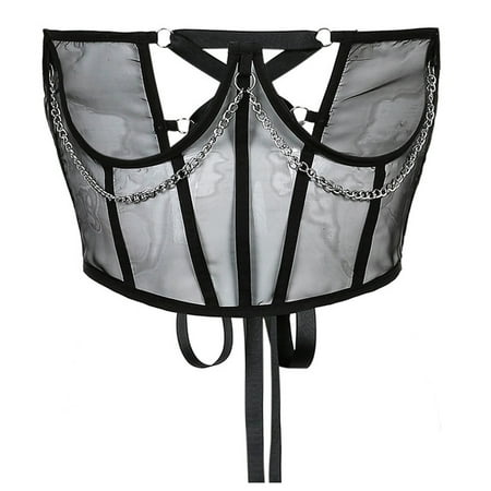 

Gothic Punk Metal Chain Black Mesh Corset Underbust Bustiers Harajuku Vintage Sheer Lace-Up Waist Belt Shaper Cincher