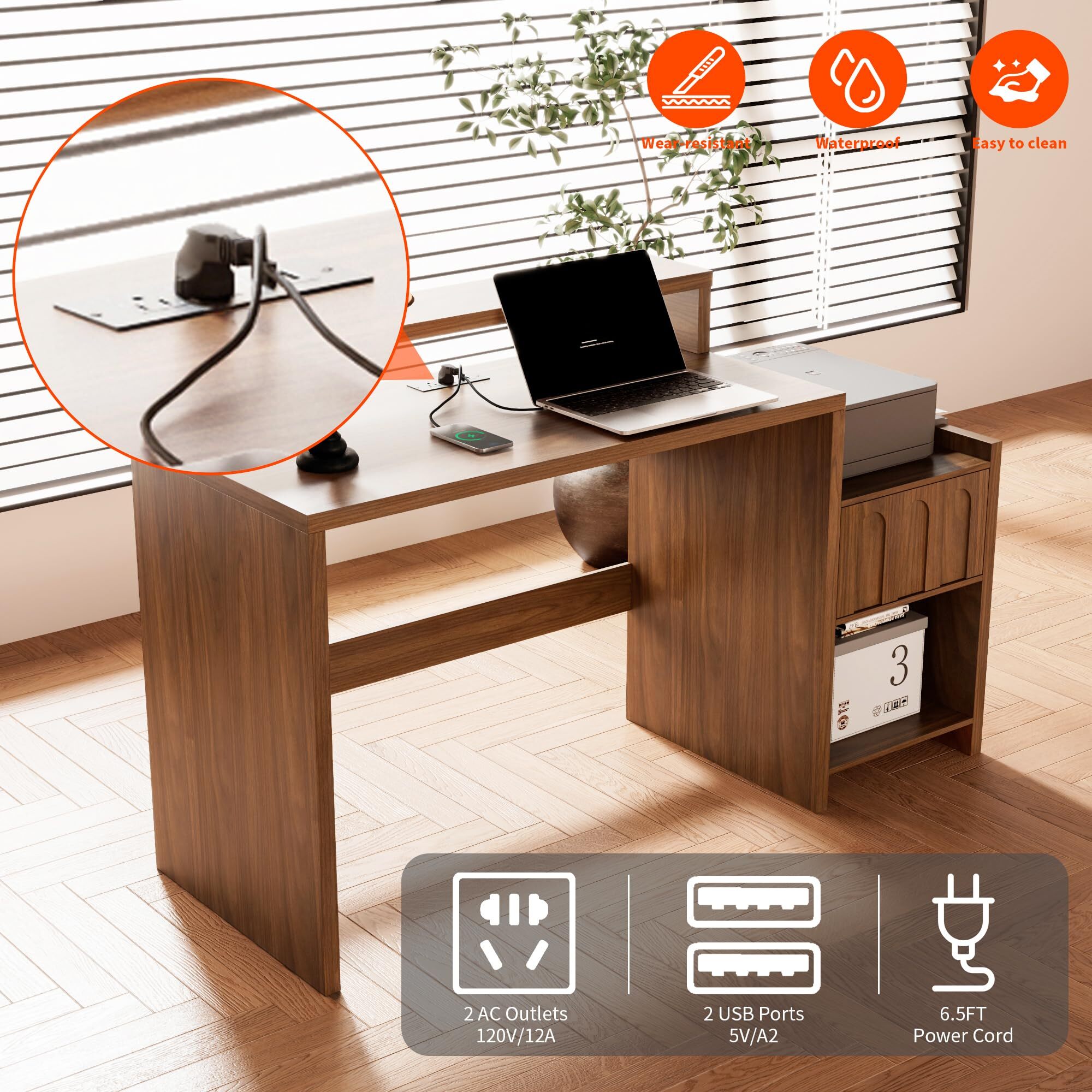 60 Inch Executive Desk with Drawer, Farmhouse Walnut Home Office Computer Desk with Printer Shelf, Monitor Stand & Charging Station