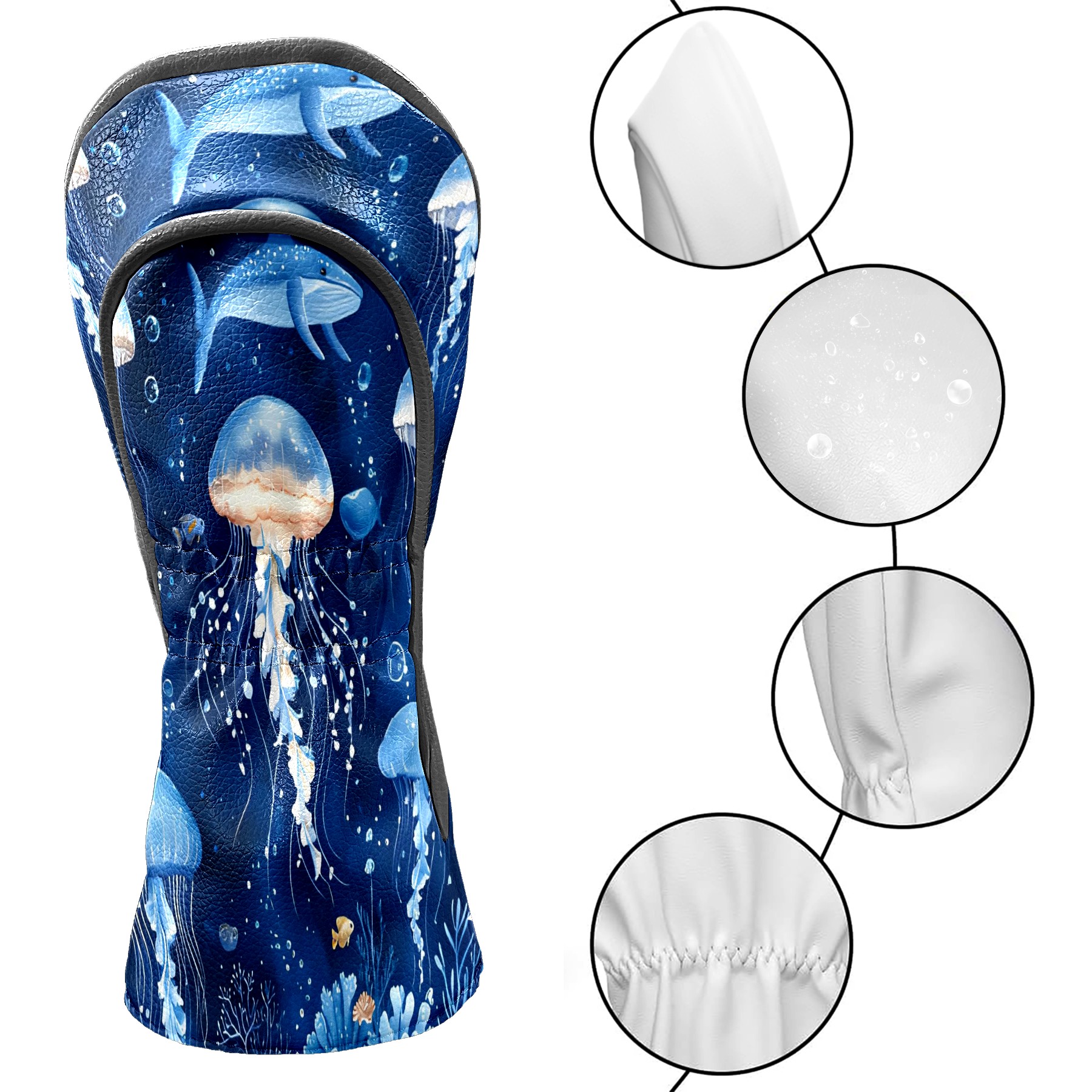 Golf Club Covers, Blue Jellyfish Sea Premium PU Leather Driver Hybrid Putter Head Covers with Velvet Lining, Waterproof Golf Gifts for Men Women