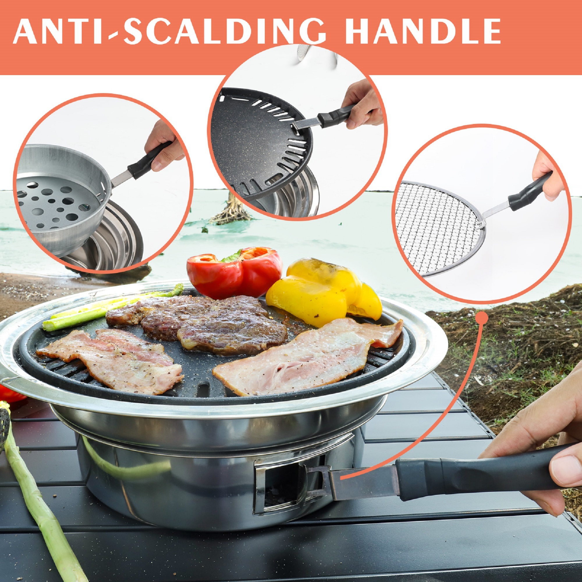 Charcoal Barbecue Grill, 13.7 Inches Non-Stick Korean BBQ Grill, Portable Stainless Steel Charcoal Stove for Home Party Outdoor Camping