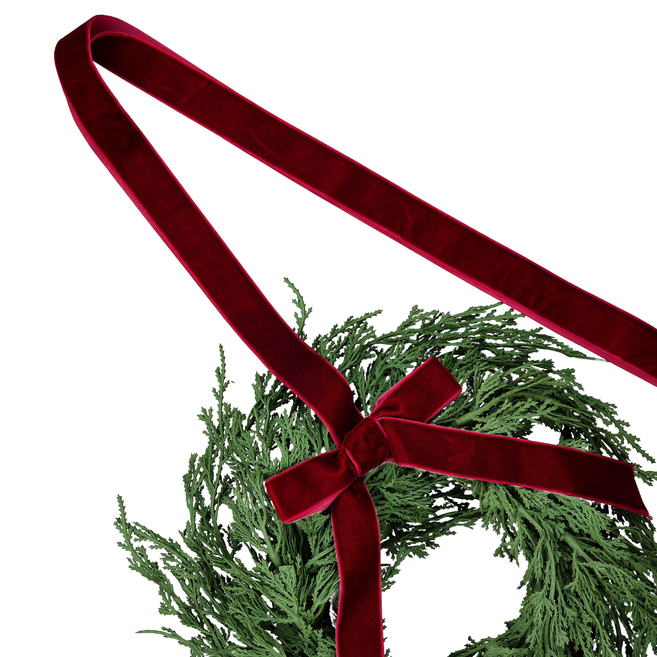 My Texas House Evergreen Artificial Christmas Wreath with Velvet Ribbon, Green and Red, 12"