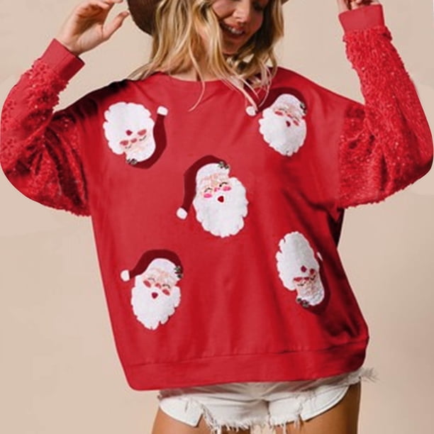 Sudadera navideña con lentejuelas brillantes para mujer de Wancir, suéter de cuello redondo con gráfico de Papá Noel, suéter navideño de manga larga