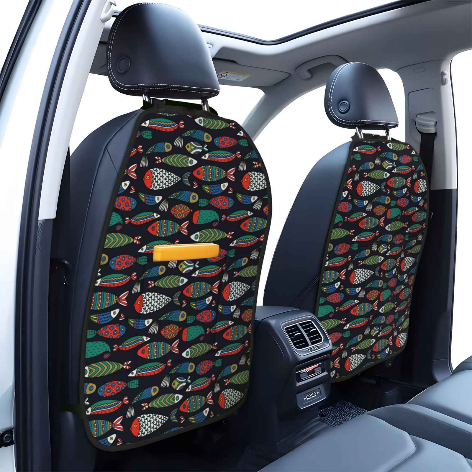 Xecao Hand Drawn Colorful Fishes Pattern Car Seat Back Protector 2 Pack Large Capacity Pocket, Kick Mats Back Seat Protector