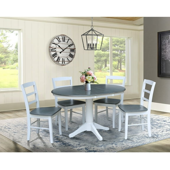 36" Round Solid Wood Extension Dining Table with 4 Madrid Ladder Back Chairs in White/Heather Gray by International Concepts