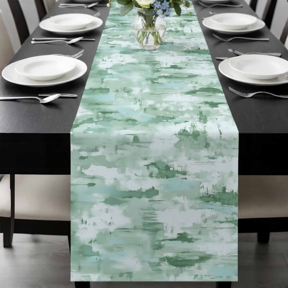 Green Abstract Table Runner 70 Inches Long, Modern Oil Painted Art Contemporary Kitchen Coffee Dining Table Decoration for Home Party Birthday Wedding Home Decor 13x70 Inches