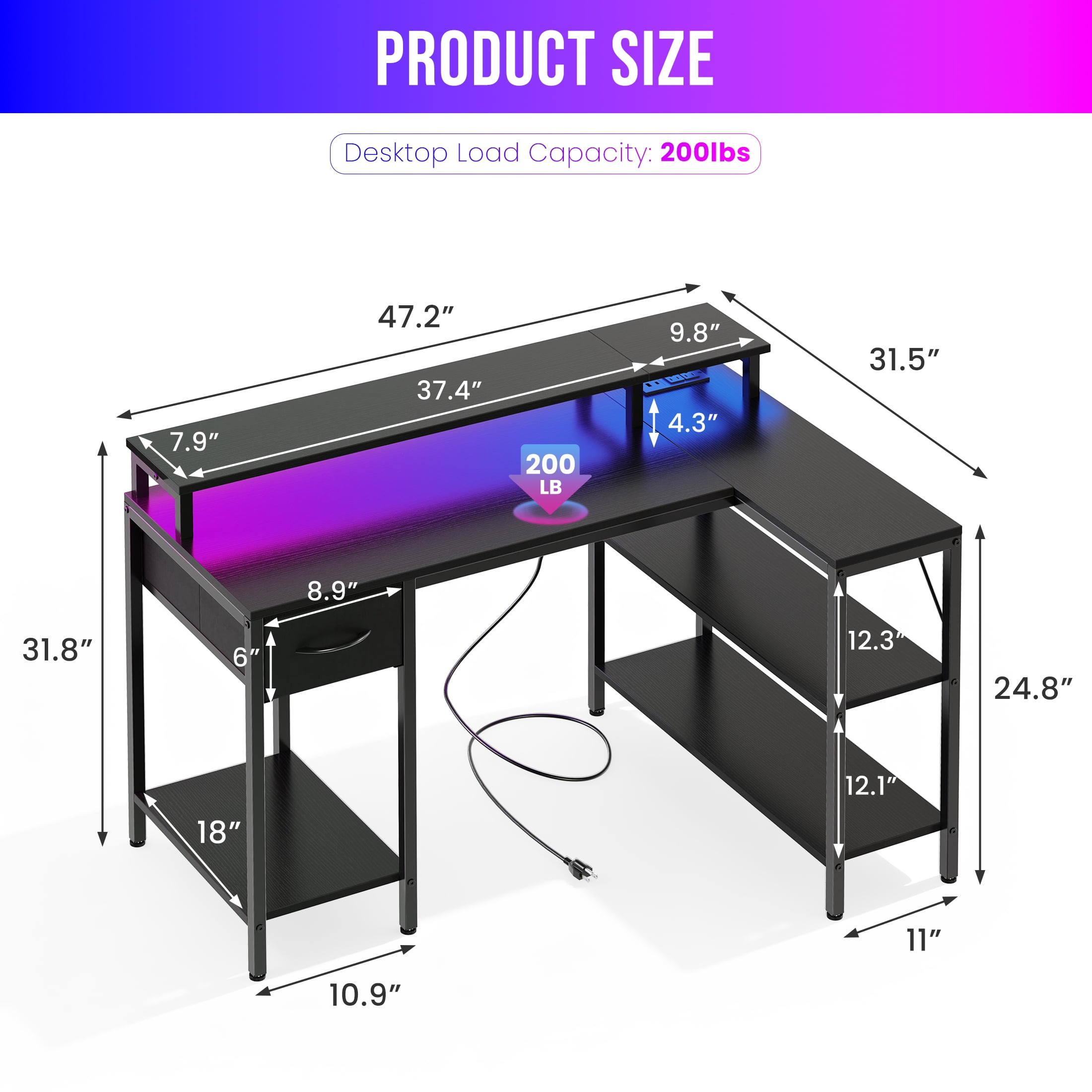 EDX 47 Inch L Shaped Gaming Desk with Power Outlet & LED Light, Reversible Computer Desk with Shelves & Monitor Stand, Corner Desk with Drawer for Home Office, Black