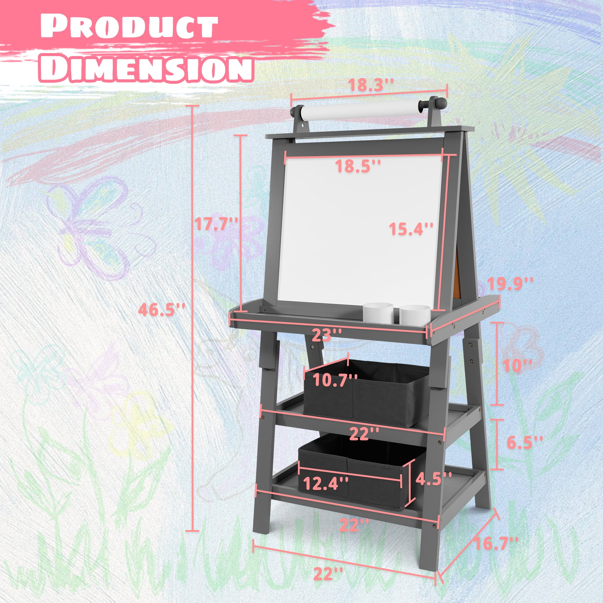 Signature Fitness 3-in-1 Kids Art Easel，Double-Sided Wooden Easel，with Chalkboard, Whiteboard, Paper Roll, 2-Tier Rack & 2 Storage Boxes