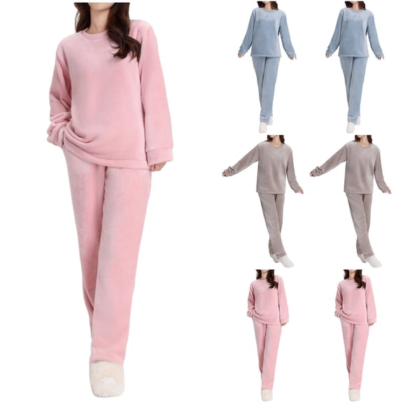 Mifsaly Flannel Pajamas for Women Set Chunky Lounge 2 Piece Winter Pjs Loose Homewear Crewneck Long Sleeve Sleepwear Soft Cozy Casual Nightwear Thermal Wide Leg Pants with Pockets Fuzzy Loungewear