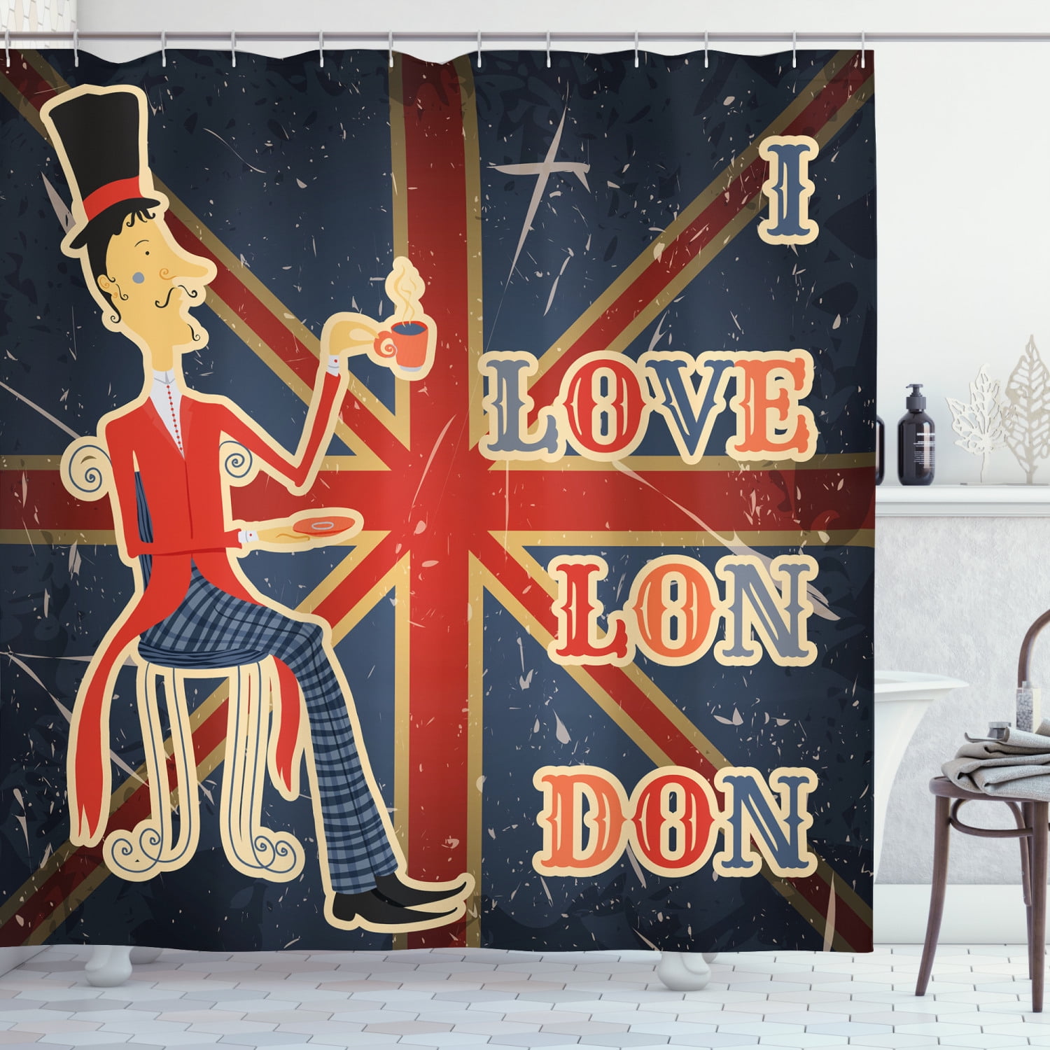 British Shower Curtain, I Love London Quote English Man Drinking Tea on