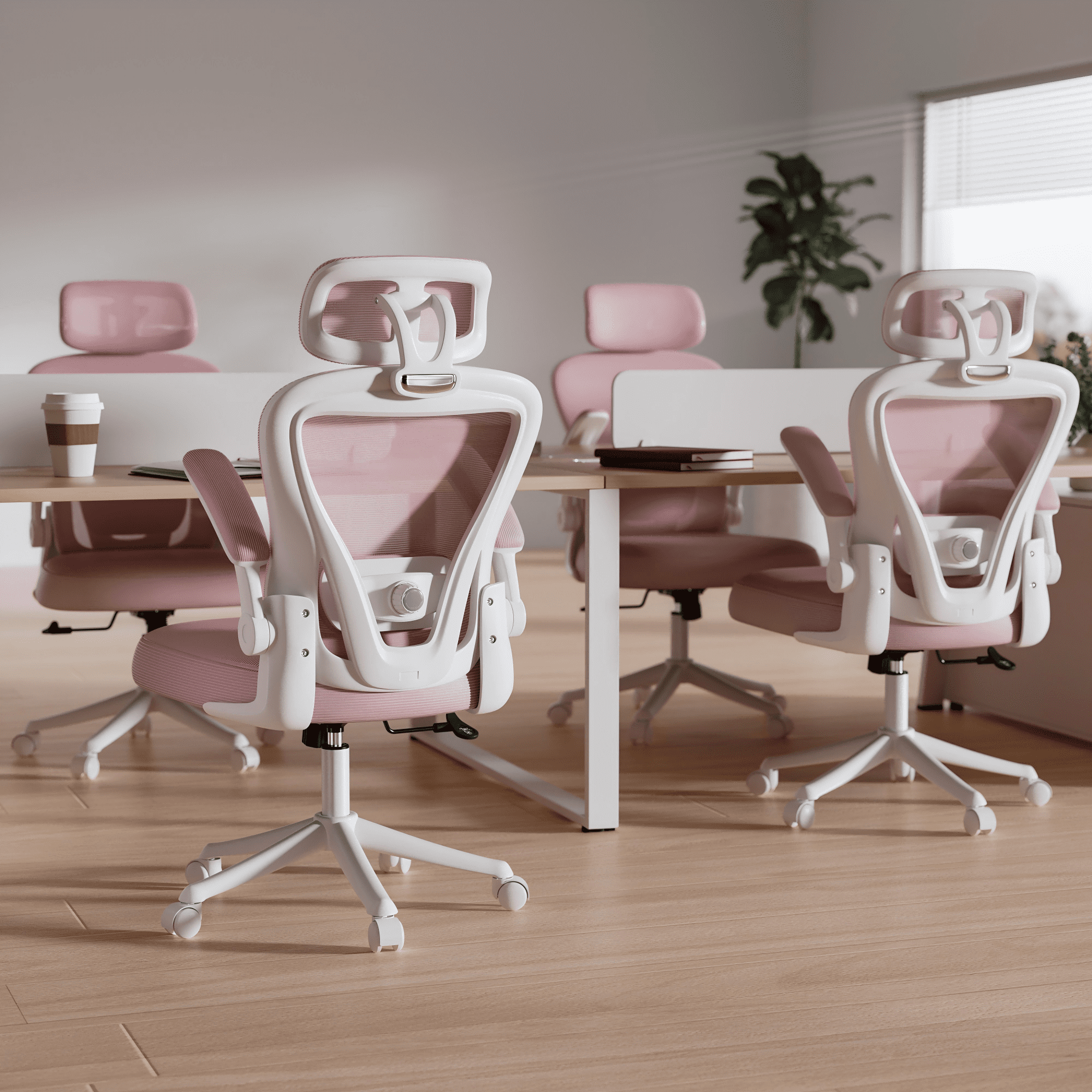 Solfway Home Office Collection Adult Mesh High Back Indoor Commercial Office Chairs and Adjustable Armrest, Pink (Set of 1)