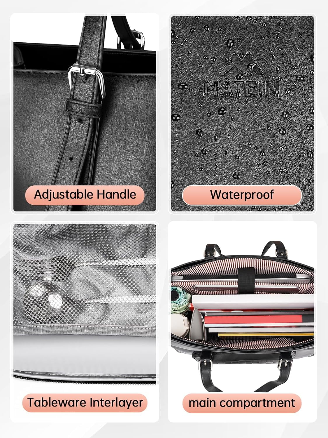 Matein Laptop Tote Bag with Insulated Lunch Compartment for Women Men, 15.6 inch Waterproof PU Leather Business Briefcase Handbag, Black