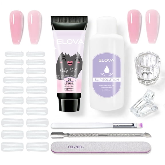 ELOVA Polygel Nail Kit with Slip Solution & Liquid Cup - Pink All-in-One Poly Extension Gel Starter Kit with Brush, 24 Dual Forms, Cuticle Pusher, Clip